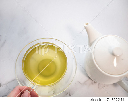 透明耐熱グラスに急須で注がれた緑茶・日本茶を家で飲む様子。 透明耐熱グラスに急須で注がれた緑茶・日本茶を家で飲む様子。 71822251