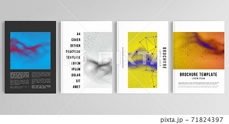 Realistic vector layouts of cover mockup templates in A4 for brochure, cover design, flyer, book design, poster. Colorful wavy particle surface background for technology or science cyber space concept Realistic vector layouts of cover mockup templates in A4 for brochure, cover design, flyer, book design, poster. Colorful wavy particle surface background for technology or science cyber space concept 71824397