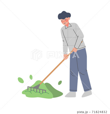 Man Farmer Using Rake, Male Agricultural Worker Gardener Character in Overalls Working on Farm, Eco Farming Concept Cartoon Style Vector Illustration Man Farmer Using Rake, Male Agricultural Worker Gardener Character in Overalls Working on Farm, Eco Farming Concept Cartoon Style Vector Illustration 71824832