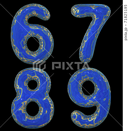 Number set 6, 7, 8, 9 made of realistic 3d render golden shining metallic. Collection of gold shining metallic with blue color plastic symbol Number set 6, 7, 8, 9 made of realistic 3d render golden shining metallic. Collection of gold shining metallic with blue color plastic symbol 71825195