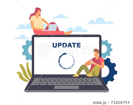 System update. Maintenance process. Man and woman with devices. Loading circle on laptop screen. Renewal software and online services. New program version download, vector web template System update. Maintenance process. Man and woman with devices. Loading circle on laptop screen. Renewal software and online services. New program version download, vector web template 71826754