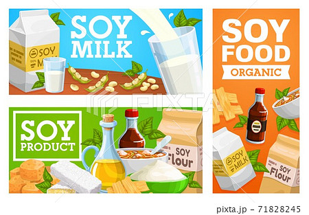 Organic soybeans food, soy milk vector banner 71828245