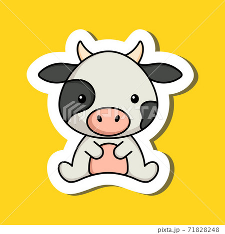 Cute cartoon sticker little cow logo template. Mascot animal character design of album, scrapbook, greeting card, invitation, flyer, sticker, card. Vector stock illustration. 71828248