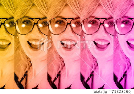 Funky woman in sunglasses. Crazy lady and surreal composition of textures, shapes, gradients. Contemporary art collage. Zine culture. Pop art. Fashion magazine style for posters, banners, wallpaper. 71828260