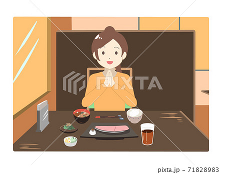 外食する女性 手を合わせる 夕方 線無し のイラスト素材 71
