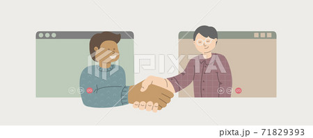 videoconference.Two men communicate via video communication. Handshake over the Internet. Distance business conference concept..Vector illustration simple flat style. 71829393
