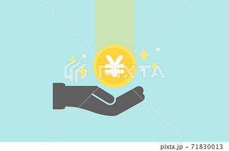 日本の通貨¥マーク入りコインと手のアイコン - 水色背景：円・硬貨・収入・ボーナス・利益・還付金 71830013