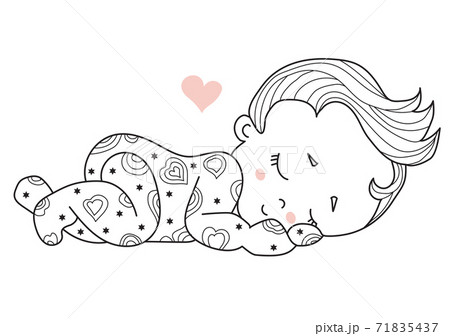 Cute little baby sleeping sweetly. sweet dream. Decorative vector illustration. Outline. Isolated on white.For childrens design, postcards, decoration and decor Cute little baby sleeping sweetly. sweet dream. Decorative vector illustration. Outline. Isolated on white.For childrens design, postcards, decoration and decor 71835437