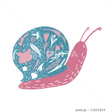 Pink snail with tracery flowers isolated on white background. Funny cartoon character in doodle style. 71835824