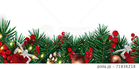 Christmas decor with of pine cone branches, lights, red berries, pine cone and present. Christmas elements for your poster, banner, cards on white background. Vector illustration 71836218