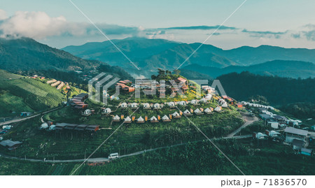 Aerial view of camping grounds and tents on Doi Mon Cham mountain in Mae Rim, Chiang Mai province 71836570