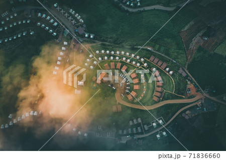 Aerial view of camping grounds and tents on Doi Mon Cham mountain in Mae Rim, Chiang Mai province 71836660