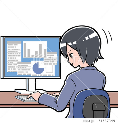 Pc作業中に睡魔と戦う女性社員のイラスト素材 71837349 Pixta