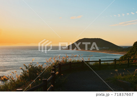 伊良湖防備衛所跡から伊良湖岬と恋路ヶ浜を望むの写真素材 [71837607 