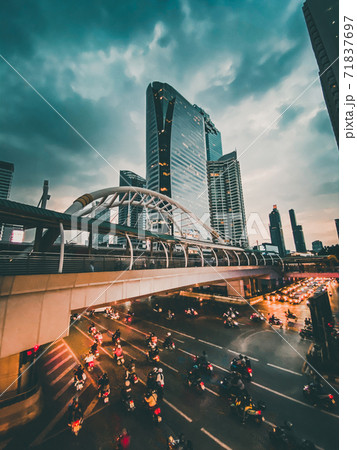 Chong Nonsi skywalk arch bridge at sky train station BTS in Sathorn business district in Bangkok 71837697