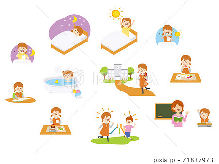 小学生の女の子の一日のイラスト素材