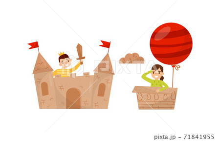 Active Children Playing in Cardboard Castle and Air Balloon Vector Set 71841955