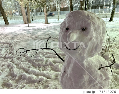 Fragment of a snowman, bust portrait. Hands from branches, eyes from cones and a smile. Fragment of a snowman, bust portrait. Hands from branches, eyes from cones and a smile. 71843076