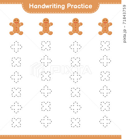 Handwriting practice. Tracing lines of Gingerbread Man. Educational children game, printable worksheet, vector illustration 71843759