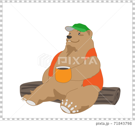 丸太に座りコーヒーを飲む帽子をかぶった熊 丸太に座りコーヒーを飲む帽子をかぶった熊 71843798
