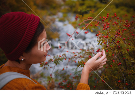 Outdoor fashion photo of young beautiful lady surrounded autumn forest in mountains 71845012