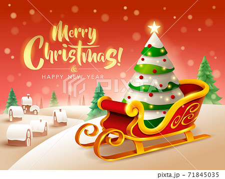 Merry Christmas Greeting Card. Santa Claus sleigh with Christmas tree and small village 71845035