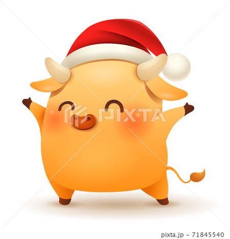 Cute little Ox wearing a Christmas Santa Red Cap with open arm Cute little Ox wearing a Christmas Santa Red Cap with open arm 71845540