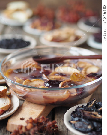 Fruit jelly with dried fruits surrounded by dried fruits on plates on a wooden background. Healthy natural homemade dessert.Home preparation of dried fruits. Fruit jelly with dried fruits surrounded by dried fruits on plates on a wooden background. Healthy natural homemade dessert.Home preparation of dried fruits. 71846188