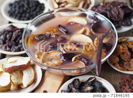 Kissel with dried fruits surrounded by dried fruits on plates on a wooden background. Healthy natural homemade dessert. Home preparation of dried fruits. Kissel with dried fruits surrounded by dried fruits on plates on a wooden background. Healthy natural homemade dessert. Home preparation of dried fruits. 71846195