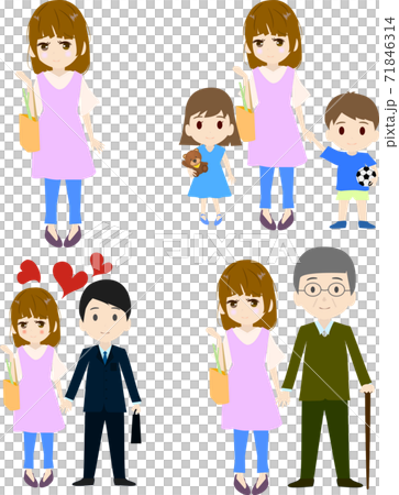Illustration of a cute housewife holding hands with children 71846314