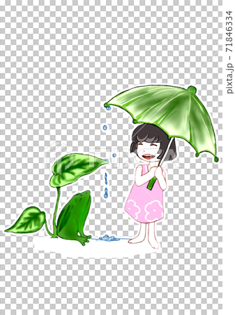 A frog sheltering from the rain with a girl A frog sheltering from the rain with a girl 71846334