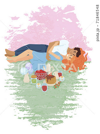 Lovely couple has picnic in the park. Vector cartoon illustration 71846548