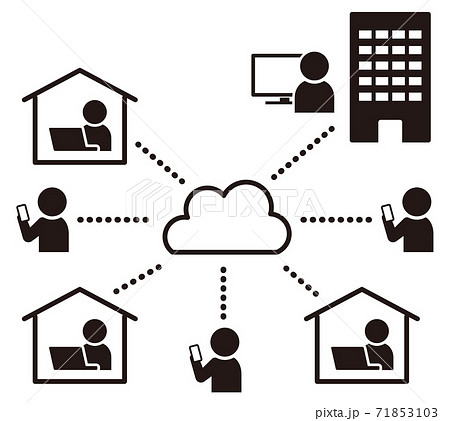 シンプルなテレワークアイコンのネットワーク図 白背景のイラスト素材