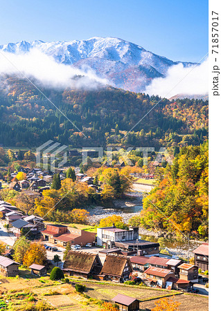 岐阜県 秋の白川郷 紅葉の合掌造り集落の写真素材