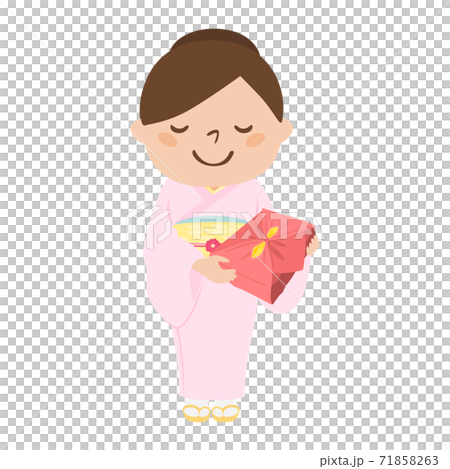 着物を着た女性のイラスト 風呂敷に包んだ贈り物を持っているおしとやかな女性 のイラスト素材