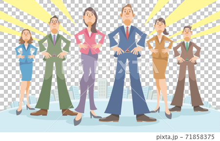 都会のビル街に立つ笑顔のビジネスマンたち 成功 希望 自信 チームワークのイメージ のイラスト素材