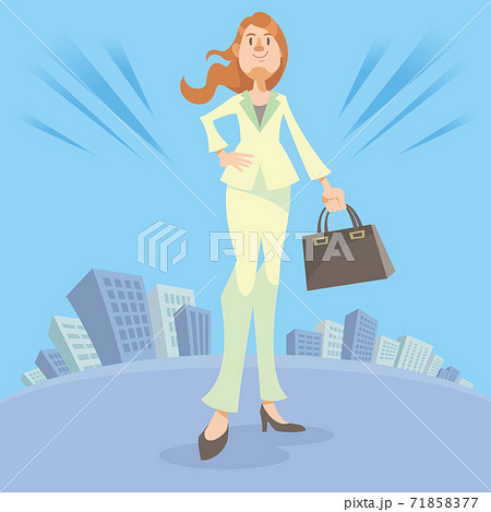 都会のビル街に立つ笑顔のビジネスウーマン。成功、希望、自信のイメージ。 71858377