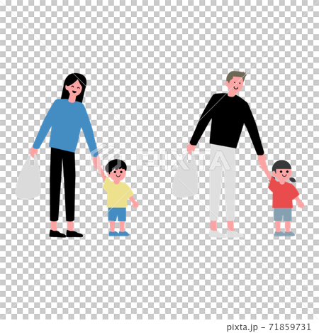 マイバッグを持ってお買い物へいく家族イラスト素材のイラスト素材