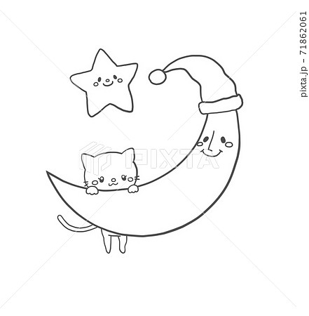 やさしいお月さまとお星さまと黒猫のかわいいおやすみイラスト手描き風のイラスト素材