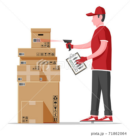 Warehouse worker scanning barcode on cardboard box 71862064