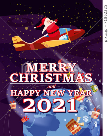 Santa Claus Van with text Merry Chrismas and Happy New Year 2021 flying in plane delivering shipping gifts Santa Claus Van with text Merry Chrismas and Happy New Year 2021 flying in plane delivering shipping gifts 71862225