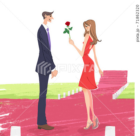 恋人にバラを一輪渡す女性のイラストのイラスト素材 恋人にバラを一輪渡す女性のイラストのイラスト素材