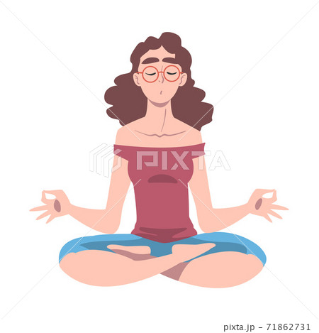 Female with Closed Eyes and Crossed Legs Sitting in Lotus Position Practising Yoga Vector Illustration 71862731