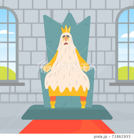 Funny Bearded Old King Character Sitting on Throne, Medieval Castle Interior Cartoon Vector Illustration 71862935