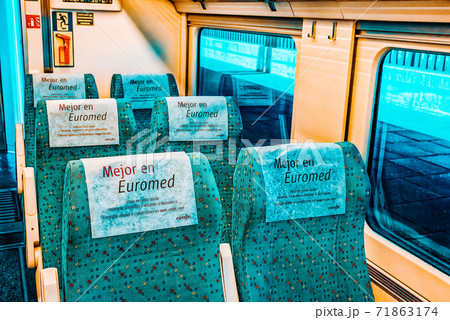 Interior of modern hi-speed passenger train of Spanish railways 71863174