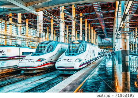 Modern hi-speed passenger train of Spanish railways company-Renf Modern hi-speed passenger train of Spanish railways company-Renf 71863195