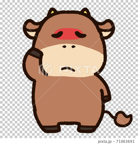 発熱で顔が赤い牛のキャラクター 茶色のイラスト素材
