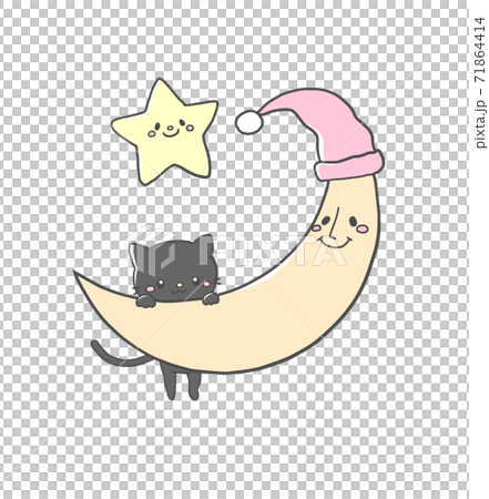 やさしいお月さまとお星さまと黒猫のかわいいおやすみイラスト手描き風のイラスト素材