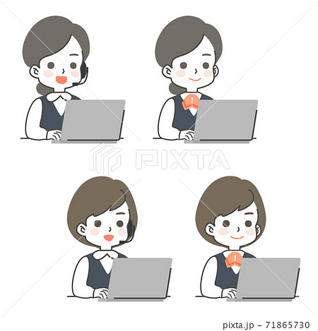 パソコンに向かい仕事中のオペレーター 事務スタッフ 制服のイラスト素材