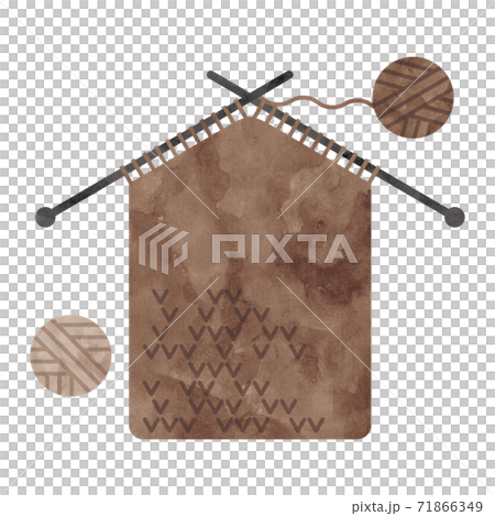 茶色の毛糸で編み物をする 水彩イラストのイラスト素材